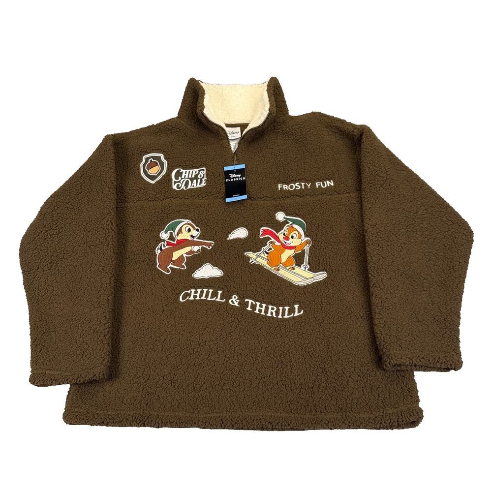 Disney Chip n Dale Winter Sherpa 1/4 Zip Pullover Jacket Womens Size L Brown NWT